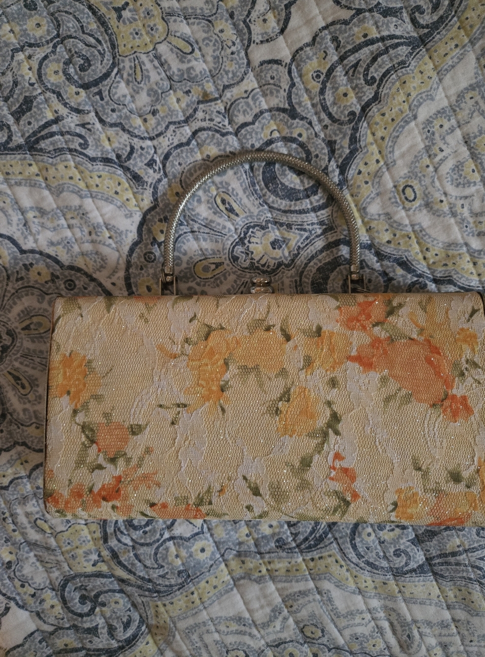Vintage Floral Jacquard Top-Handle Clutch in Cream and Orange